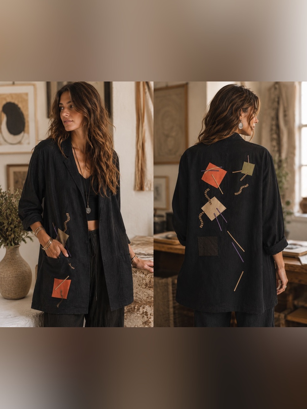 Beppa Abstract Art Linen Cardigan Top Geometric Patch Boho Wearable Art Layering